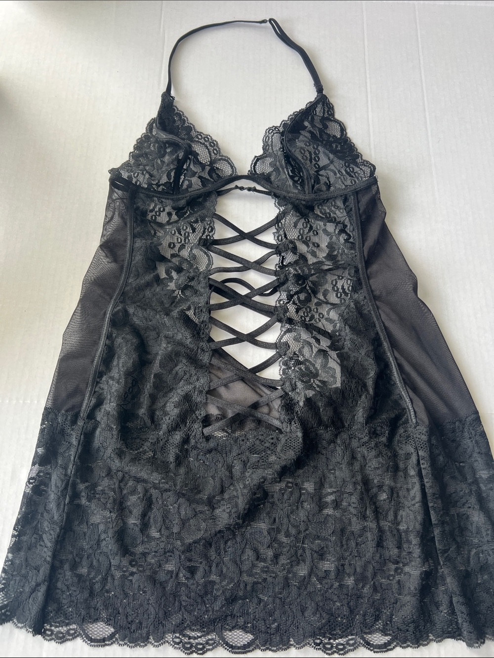 Frederick's of Hollywood Black Lace Halter Chemise with Crisscross Front - Picture 2 of 6